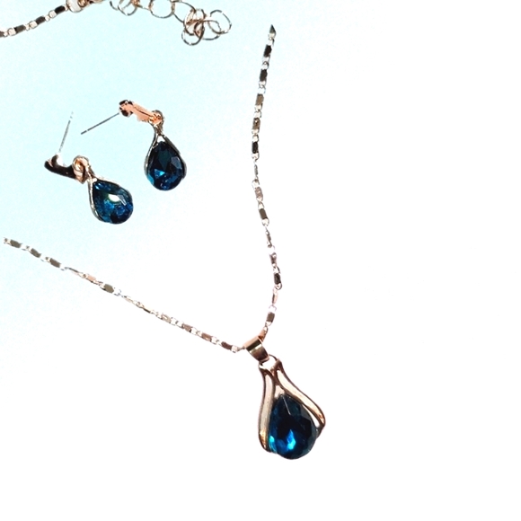 Necklace Set Cyan Blue Cubic Zirconia Rose Gold - Picture 9 of 15
